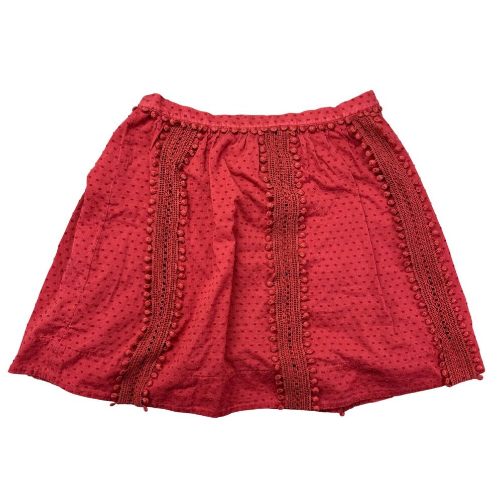 J. Crew Skirt Womens 00 Red Beaded Bohemian Side Zip Lined Swiss Pom Pom Stretch